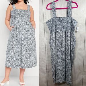 Old Navy Blue Smocked Midi Dress XXL Cottagecore Minimalist Floral Summer Picnic
